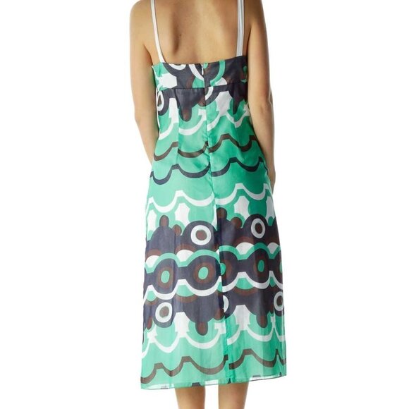 Chaiken Green Blue Print Silk Day Dress - Picture 2 of 3